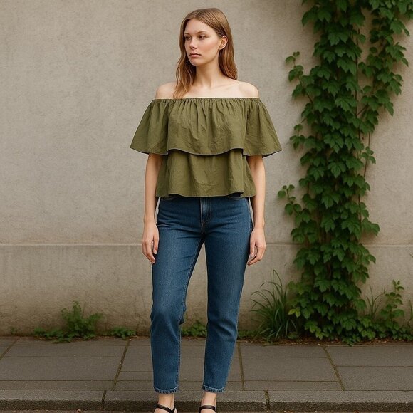 Apiece Apart Neroli Off-the-shoulder Ruffled Cotton Green Poplin Top Women's 6 - Picture 1 of 7